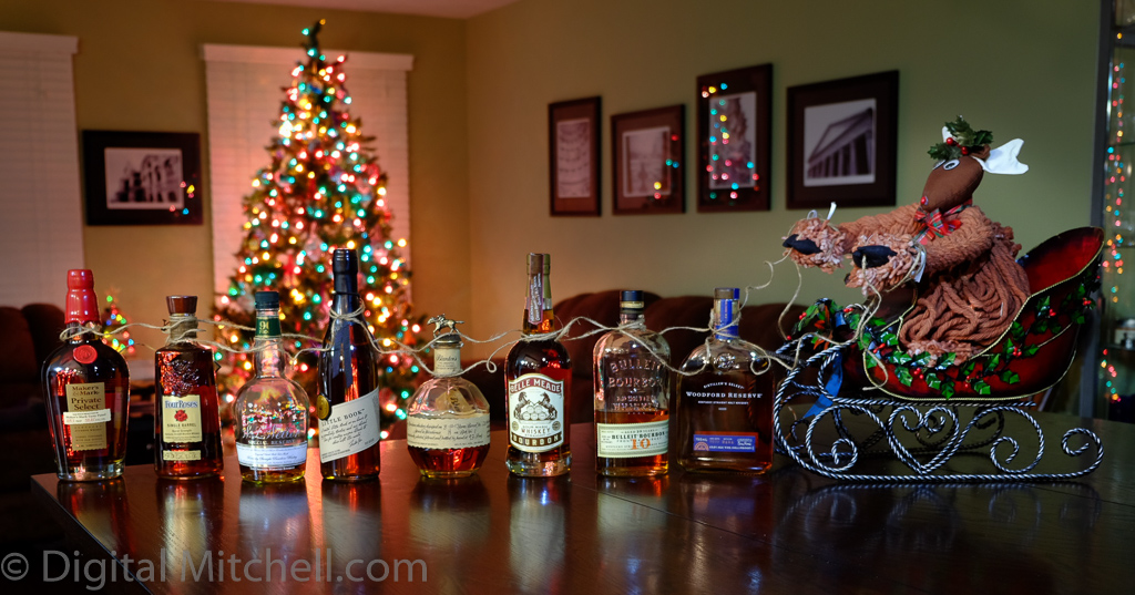 picture of bourbon bottles pulling a sleigh